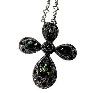 Vintage cross pendant necklace. Silver tone. Green accent.  Unique stone